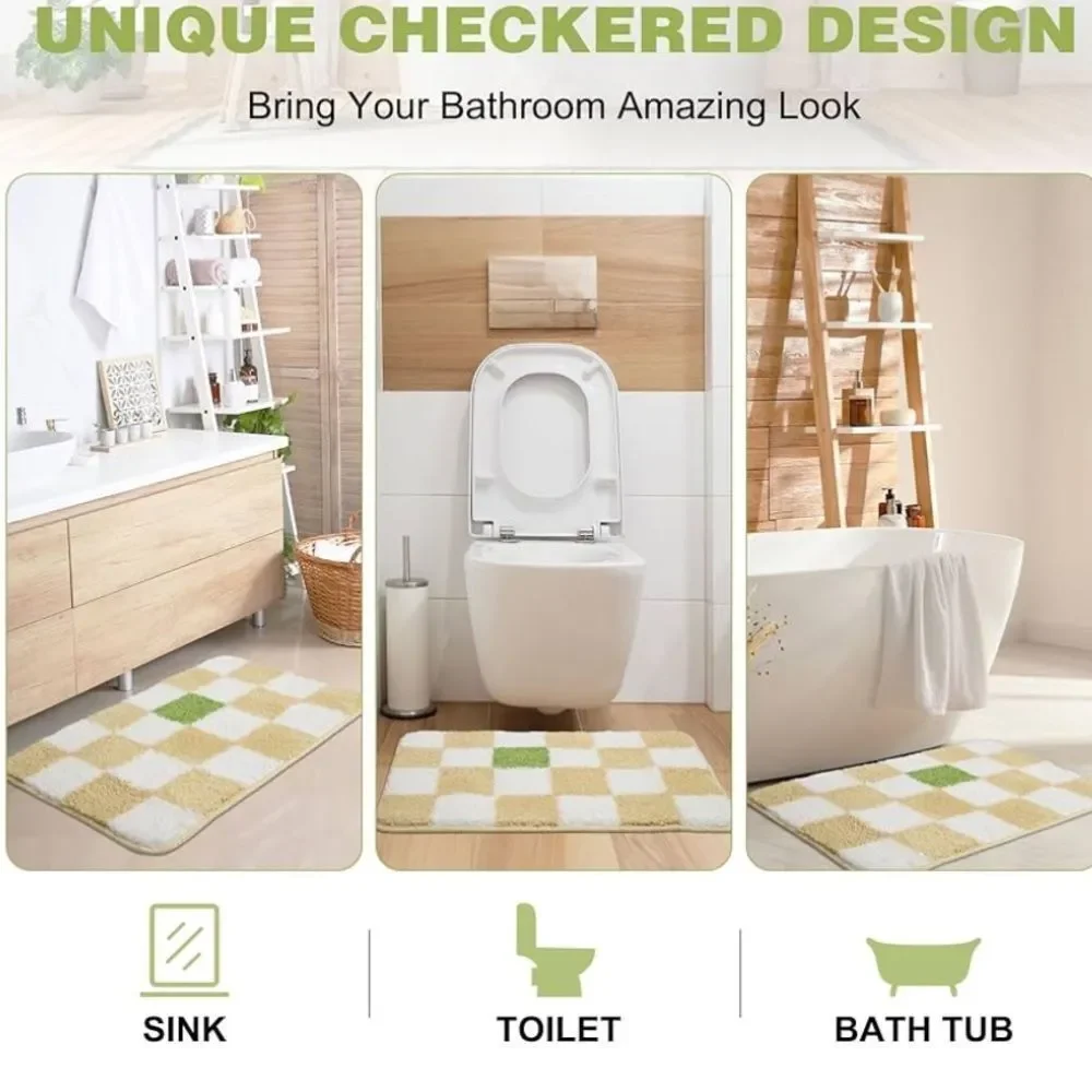 Checkered Bath Mat - White, Yellow, and Green